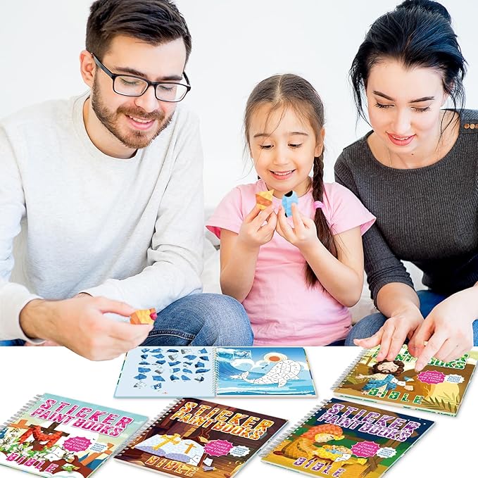 4Pcs Bible Paint by Sticker Books Sticker by Number Books Activity Book Stickers Puzzle Book Christian Craft Art Gift Set Party Favor with Jesus Bible Cross 32 Pictures-CubbioJoy