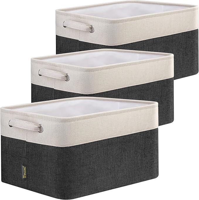 BALEINE 3 Pack Fabric Storage Bins for Shelves, Linen Storage Baskets for Organizing, Decorative Closet Bins for Clothes, Home (Black, 12"x8"x8")-CubbioJoy