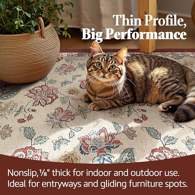 jinchan Floral Corner Rug for Living Room Washable Bedroom Rug Vintage Romance Design Non Slip Quarter Circle Lightweight Low-Pile Throw Carpet for Reading Nook Playroom,6ft Radius, Red/Beige-CubbioJoy