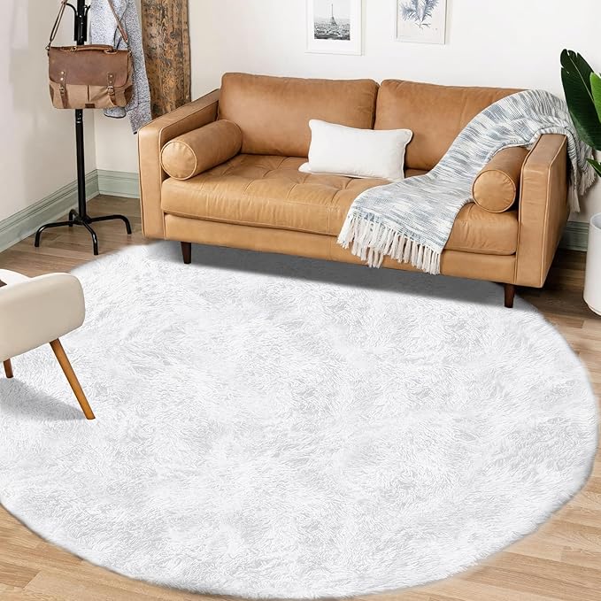 4FT Round Rug for Bedroom: Fluffy Shag Soft Washable Rugs Circle Small Fuzzy Plush Indoor Carpet for Living Room Nursery Playroom Dorm Kids Girls Boys Room (White, 4'x4')-CubbioJoy