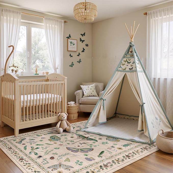 5x7 Washable Area Rug with Insect Print - Bug Rug Non-Shedding Stain Resistant Soft Carpet for Bedroom, Low Pile Ultra-Thin Machine Washable Carpet for Dining Room, Kids Nursery, Office (5'x7' Beige)-CubbioJoy