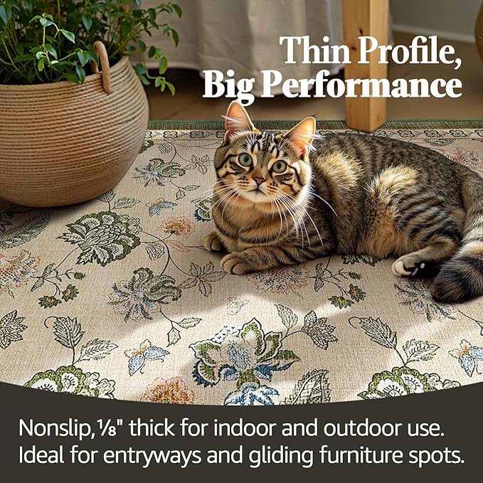 jinchan 3x10 Floral Runner Rug for Hallway Washable Kitchen Runner Vintage Romance Design Non Slip Thin Indoor Floor Cover Low-Profile Throw Carpet for Entryway Bathroom Bedroom Porch, Green/Beige-CubbioJoy