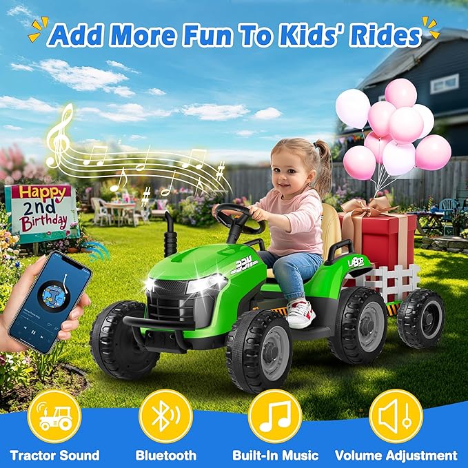 24V Ride On Tractor w/Tiltable & Detachable Trailer, 2x65W Motors, EVA Tires, Remote Control, Bluetooth, Shifter, Music, Electric Car for Kids, Green-CubbioJoy