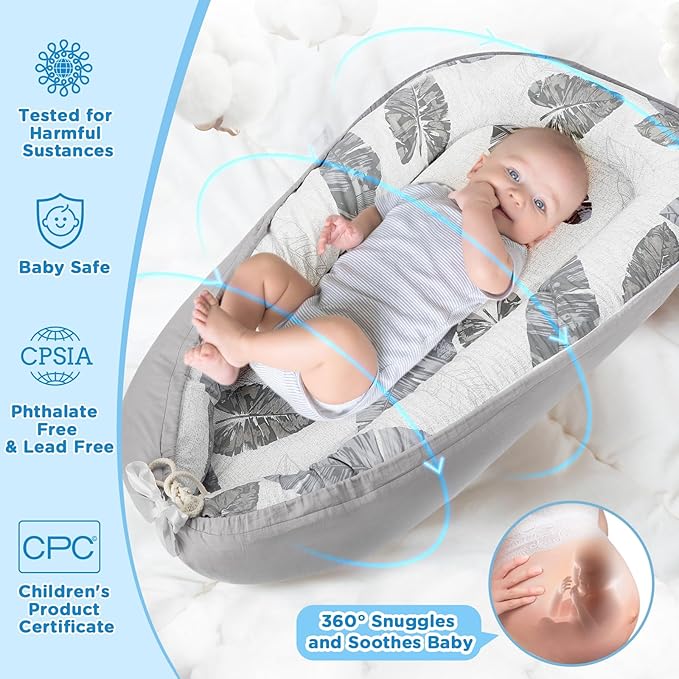 Baby Lounger - Baby Lounger for Newborn 0-24 Months, Breathable and Soft Cotton Cover Baby Nest, Portable Cozy Tummy Time Lounger for Home and Travel, Ideal Baby Essentials & Shower Gifts-CubbioJoy