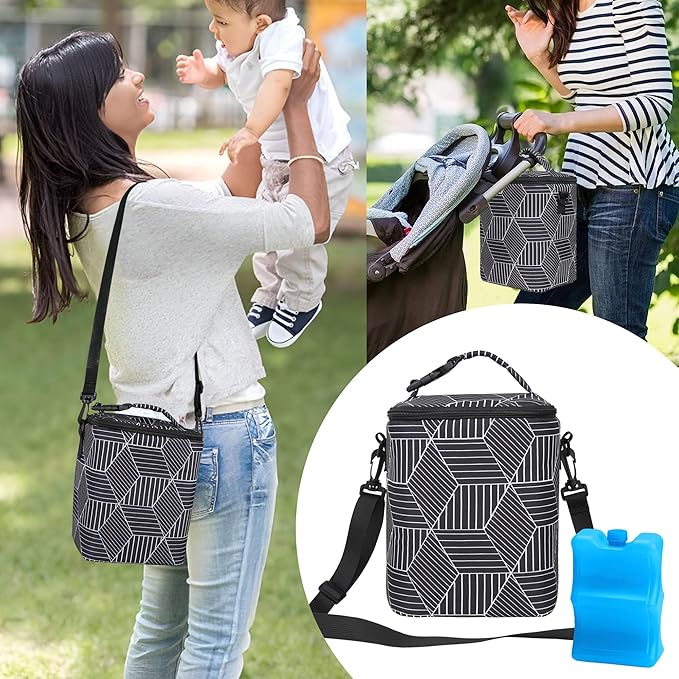 Breastmilk Cooler Bag with Ice Pack Fits 4 Baby Bottles Up to 9 Ounce Insulated Baby Bottle Bag Breast Milk Cooler on The Go with Strap Baby Bottle Cooler Bag for Nursing Mom Daycare or Travel-CubbioJoy