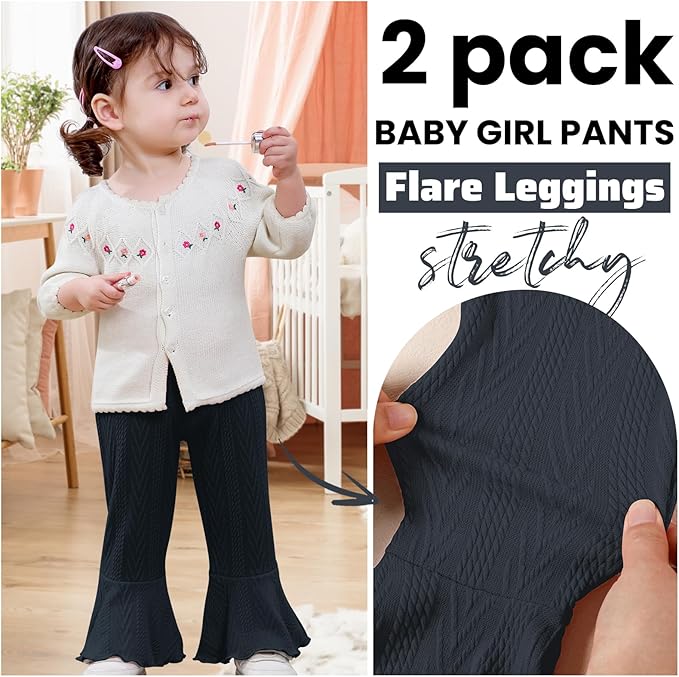 2 Pack Toddler Baby Girl Pants Flare Leggings Ribbed Knit Newborn Bell Bottoms Solid Ruffle Infant Pants for Girls-CubbioJoy