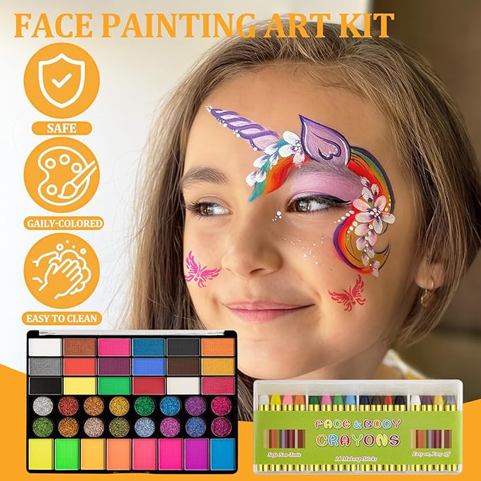 42 Color Face Painting Kit for Kids-Non Toxic Water Activated Face Paint Palette with 16 Crayons,6 Reusable & 63 Sticky Stencils,Brushes,Gems.Ideal Choice for Carnival,Halloween,Parties,Makeup etc.-CubbioJoy