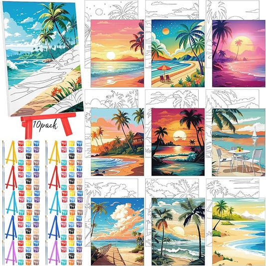 Blosssound 10 Set Pre Printed Canvas Pre Drawn Canvas Painting with Easel Kits 5" x 7" Outline Painting Panels for Beginners, DIY Craft Project, Party Favor, Home Decors(Hawaii)-CubbioJoy