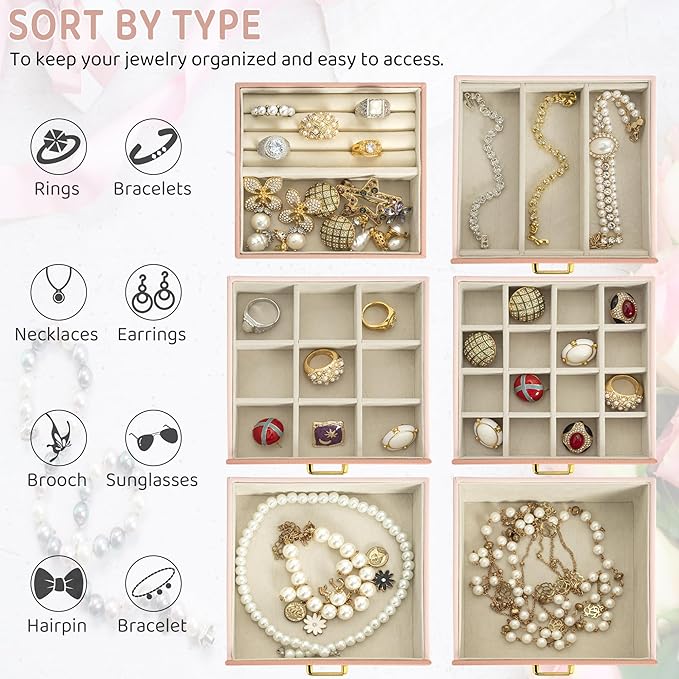 AKOZLIN Jewelry Box Organizer Functional Leather Jewelry Storage Case for Women Girls Ring Necklace Earring Bracelet Holder Organizer with Mirror Pink-CubbioJoy