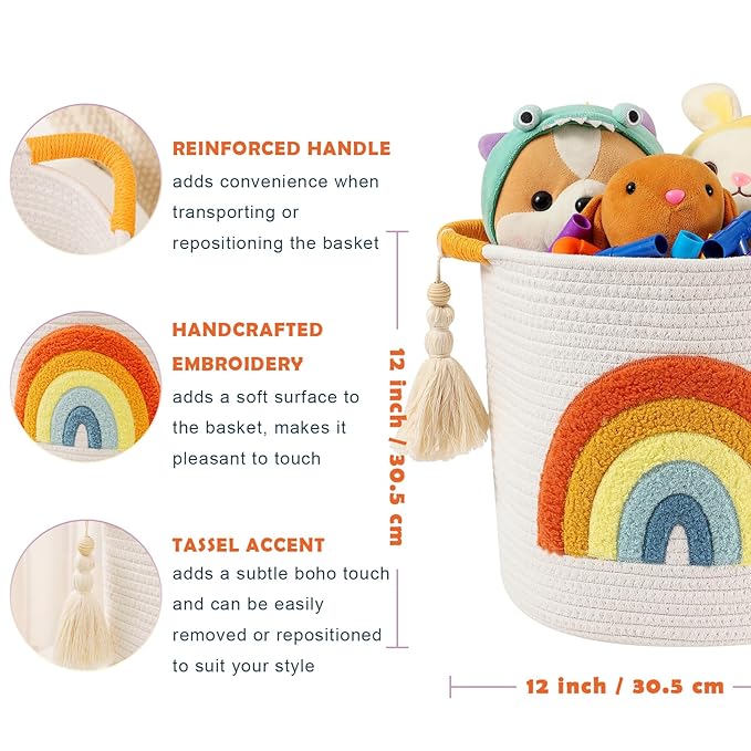 INough Toy Storage Baskets Woven Cotton Rope Storage Basket Kids Blanket Baskets for Living Room, Toys Organizer with Embroidery Colorful Rainbow Decor, Baby Basket for Laundry Nursery (Boho Rainbow)-CubbioJoy