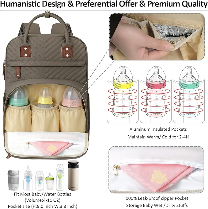 Diaper Bag Backpack Tote for Women Large Capacity, Baby Bag with Insulated Pockets Multifunctional Diaper Bags For Baby Girl Boy Waterproof Baby Bags For Boys Girls Maternity Bag khaki Brown-CubbioJoy