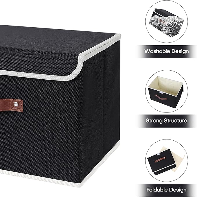 ANMINY Storage Bin with Lid Storage Boxes with PU Leather Handles PP Plastic Board Decorative Foldable Lidded Cotton Linen Fabric Home Cubes Baskets Closet Organizer Container - Black, Large Size-CubbioJoy