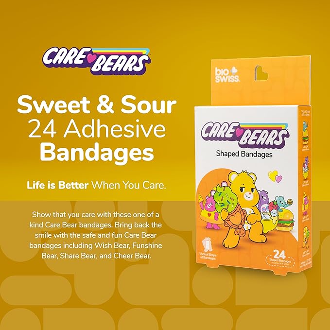 BioSwiss Care Bears Bandages, Sweet and Sour Care Bear Shaped Self Adhesive Bandage, Latex Free Sterile Wound Care, Fun First Aid Kit Supplies for Kids, 24 Count-CubbioJoy