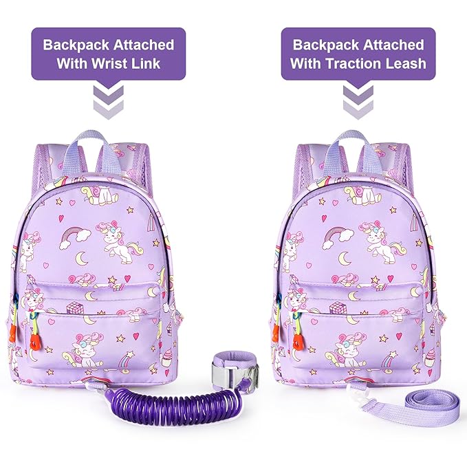 Accmor Toddler Backpack Leash with Anti Lost Wrist Link, Cute Mini Child Walking Harnesses Keep Kids Close Back Pack Rope Tether Rein for Baby Boys (Purple/Unicorn)-CubbioJoy