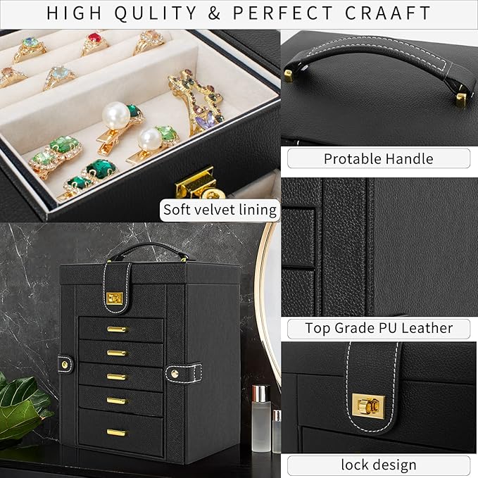 AKOZLIN Jewelry Box Organizer Functional Leather Jewelry Storage Case for Women Girls Ring Necklace Earring Bracelet Holder Organizer with Mirror Black-CubbioJoy