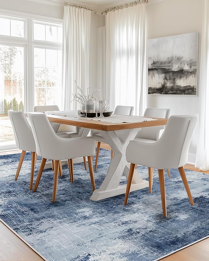 Amada 6x9 Washable Area Rug, Modern Abstract Living Room Rug with Non-Slip Backing & Short Pile, Large Rug with Abstract Pattern for Living Room, Bedroom and Dinning Room, Dark Blue-CubbioJoy