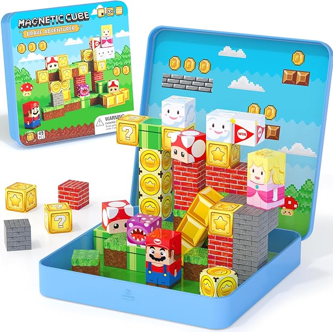 49PCS Mini Magnetic Tiles Travel Toys for Kids Ages 4-8, Magnetic Building Blocks Adventure Set with Portable Iron Storage Box & Play Base, STEM Learning Activities for Toddlers 3-5-CubbioJoy
