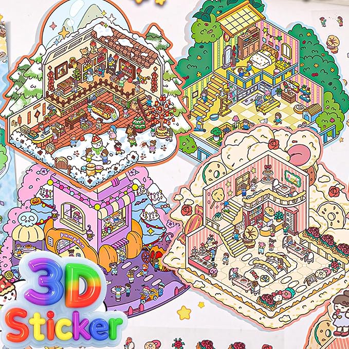 DIY 3D Sticker Scene，8 Sets Pack（600+） Large-Sized, Reusable Sticker Book, Cute Sets for Free Combination, Waterproof for Anywhere, Crafts Party Favors Birthday Gift-CubbioJoy