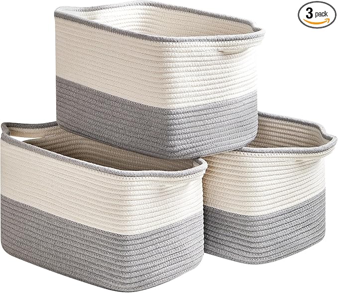 Cotton Rope Storage Basket Set of 3 (15"x10.2"x9.1") - Rectangle Storage Bins - Versatile Toy Storage Organizer - Perfect for Kids, Dog Toys, Books, Shelves - White & Grey-CubbioJoy