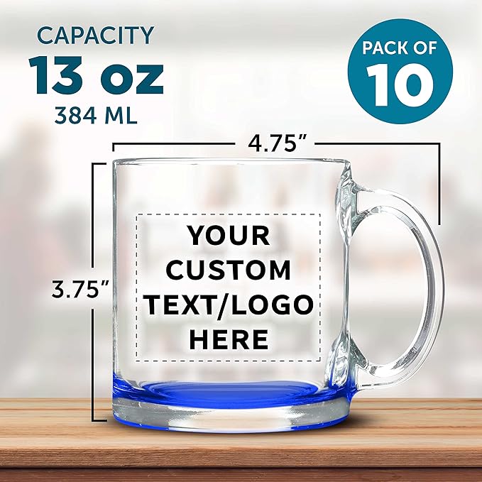 Custom Libbey Clear Glass Coffee Mugs 13 oz. Set of 10, Personalized Bulk Pack - Perfect for Coffee, Tea, Espresso, Hot Cocoa, Other Beverages - Blue Bottom-CubbioJoy