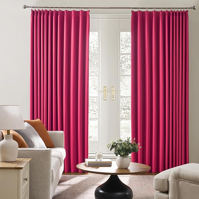 KEQIAOSUOCAI Pinch Pleated Curtains 108 Inches Long, Energy Saving Window Treatment Privacy Drapery for Living Room, Vertical Track System Elegant Hook Panels(Hot Pink, 2 PCs, W40 x L108)-CubbioJoy
