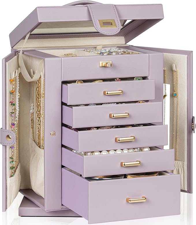 AKOZLIN 360° Rotating Jewelry Box 6-Tier Organizer Functional Jewelry Storage Case for Women Girls Ring Necklace Earring Bracelet Holder with Mirror Purple-CubbioJoy