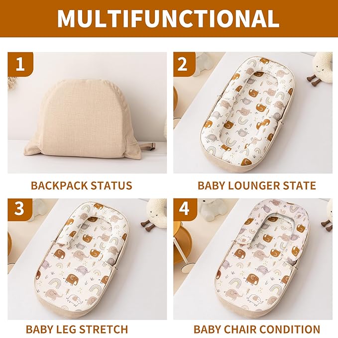 Baby Lounger, Foldable Infant Nest Pillow with Soft Memory Foam Mat, Cover with Adorable Pattern, Converts to Backpack for Easy Travel, 0-12 Months, White-CubbioJoy