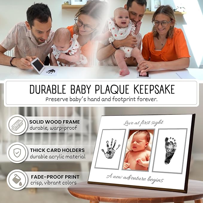 Baby Hand and Footprint Kit with Photo & Birth Details, Inkless Hand and Footprint Kit, Newborn Keepsake Plaque, Baby Shower Gifts (STYLE 2 (Baby Shower) (Love At First Sight))-CubbioJoy