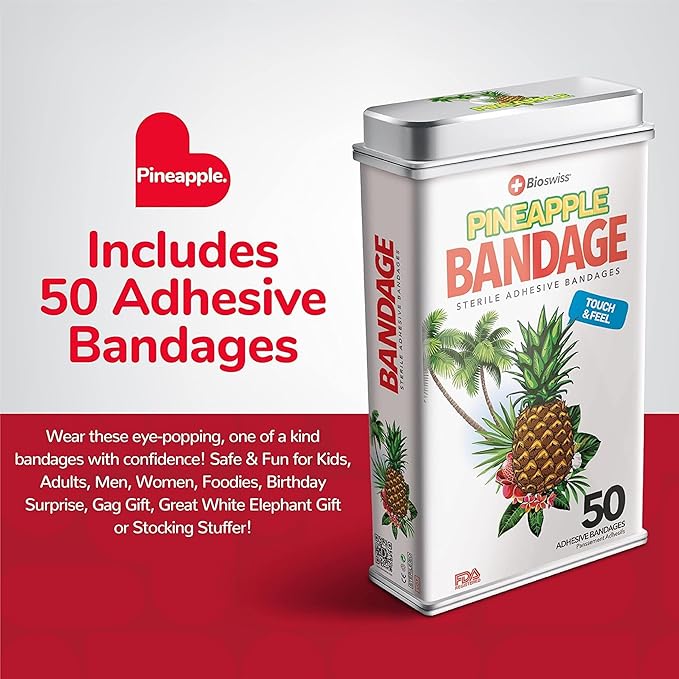 BioSwiss Bandages, Pineapple Shaped Self Adhesive Bandage, Latex Free Sterile Wound Care, Fun First Aid Kit Supplies for Kids, 50 Count-CubbioJoy