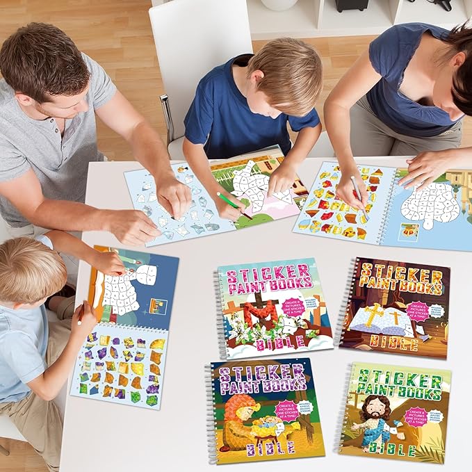 4Pcs Bible Paint by Sticker Books Sticker by Number Books Activity Book Stickers Puzzle Book Christian Craft Art Gift Set Party Favor with Jesus Bible Cross 32 Pictures-CubbioJoy