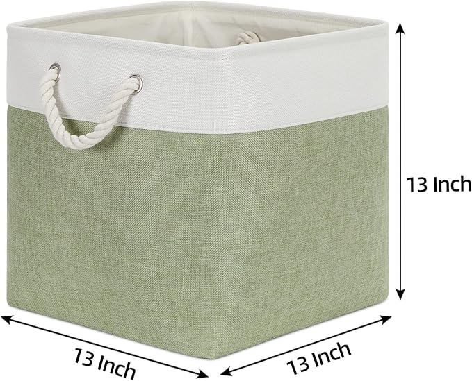 Bidtakay Cubby Storage Bins Set of 3 Fabric Baskets for Shelves Closet Drawer Organizer Storage Cubes 13x13 Collapsible Organization Baskets for Nursery Toy Shelf (White&green)-CubbioJoy