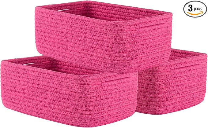 KALLAX Small Woven Basket, 12 x 8 x 4.5 Inches, Storage Basket for Organizing, Cute Small Rope Shelf Closet Cube Storage Bins Baskets for Shelves, Dog Toy Gift Baskets Empty, 3 Packs, Hot Pink-CubbioJoy