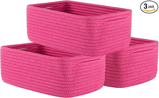KALLAX Small Woven Basket, 12 x 8 x 4.5 Inches, Storage Basket for Organizing, Cute Small Rope Shelf Closet Cube Storage Bins Baskets for Shelves, Dog Toy Gift Baskets Empty, 3 Packs, Hot Pink-CubbioJoy