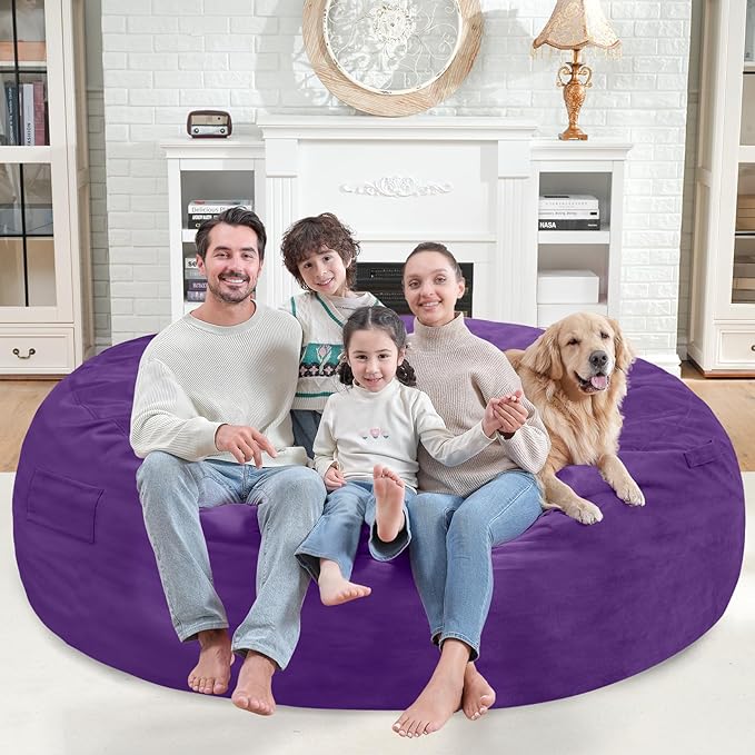 7FT Bean Bag Chair, Large Bean Bag Chairs with Memory Foam Filled, Fluffy Beanbag Sofa with Dutch Velvet Cover, Round BeanBag Chairs for Living Room, Playroom - Purple-CubbioJoy