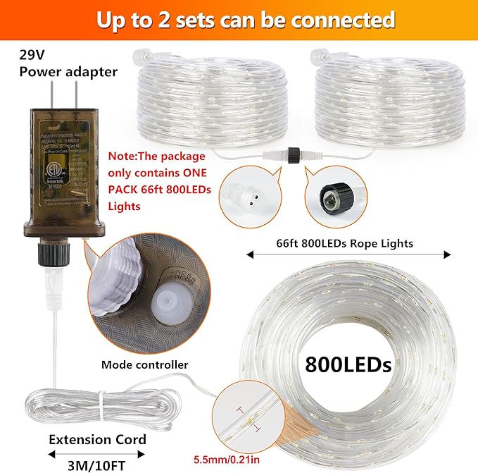 Connectable 66ft 800 LED Rope Lights Outdoor, Warm White Strip Lights Plug in, Outdoor String Lights Waterproof Decorative Lighting for Deck Patio Yard Garden Pathway Pool Camping Room Indoor Décor-CubbioJoy