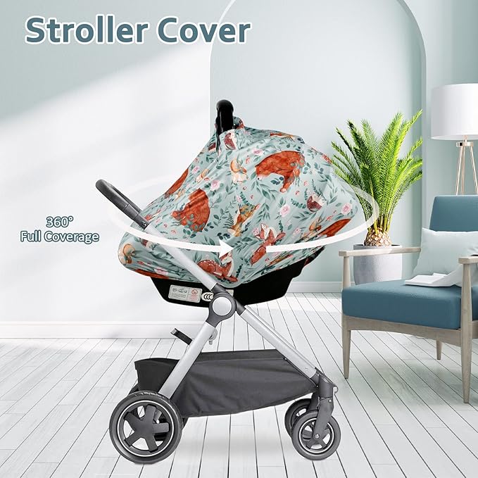 Baby Car Seat Cover, Multi-use Nursing Cover for Breastfeeding, Stretchy Stroller Cover Boys Girls, Stretchy Carseat Canopy, Soft Breathable, Woodland Animal Bear-CubbioJoy