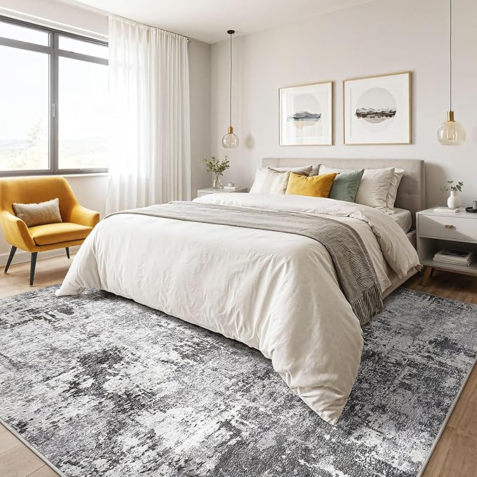 7x10 Area Rug Living Room: Washable Large Abstract Modern Soft Stain Resistant Indoor Floor Rugs Non Slip Accent Carpet for Bedroom Nursery Playroom Office Dining Room Dorm Home House- Black Grey-CubbioJoy