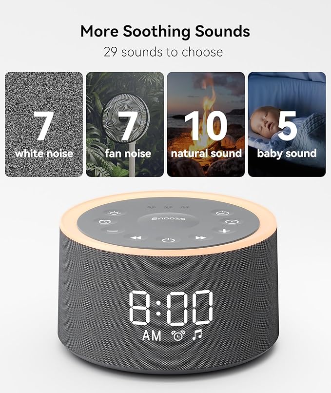 Dreamegg D1+ Sound Machine & Alarm Clock - Sound Machine for Sleep, White Noise Machine with 29 Soothing Sounds, Night Light, 0-100% Dimmable, White Noise Alarm Clock for Bedrooms Adults Baby, Black-CubbioJoy