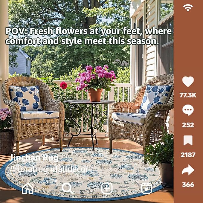 jinchan 7ft Floral Round Rug for Dining Room Washable Living Room Rug Vintage Romance Design Non Slip Indoor Floor Cover Lightweight Low-Profile Throw Carpet for Bedroom Porch Patio, Blue/Beige-CubbioJoy