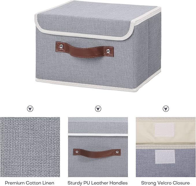 ANMINY 4PCS Storage Bins with Lid PU Leather Handles Storage Boxes PP Plastic Board Decorative Foldable Lidded Cotton Linen Fabric Home Cubes Baskets Closet Organizer Containers - Gray, Small Size-CubbioJoy