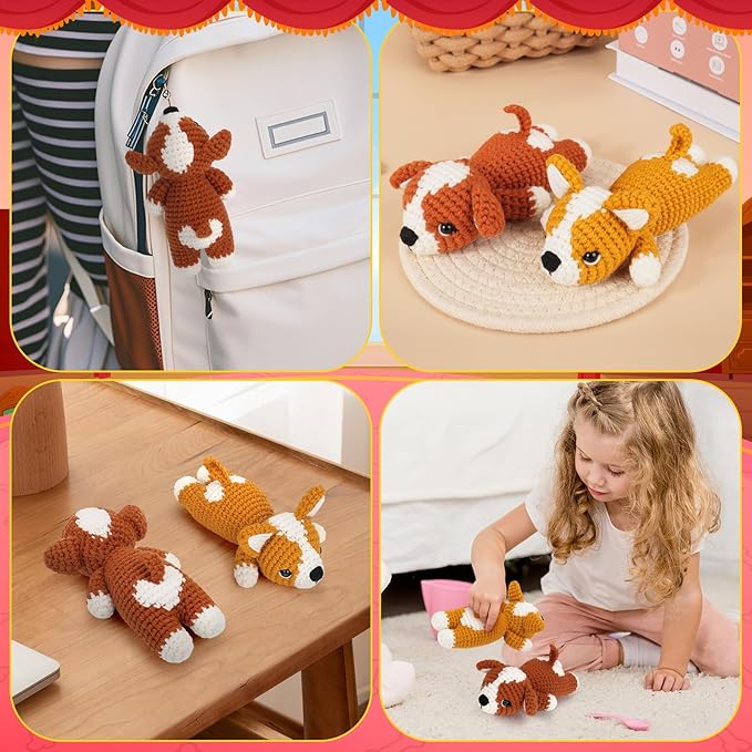 Crochet Kit for Beginners, 2 Adorable Corgi Dog Crochet Animals Kits, Easy Beginner Crochet Kit for Adults & Kids, Women & Men, DIY Craft Knitting Kit with All Supplies-CubbioJoy