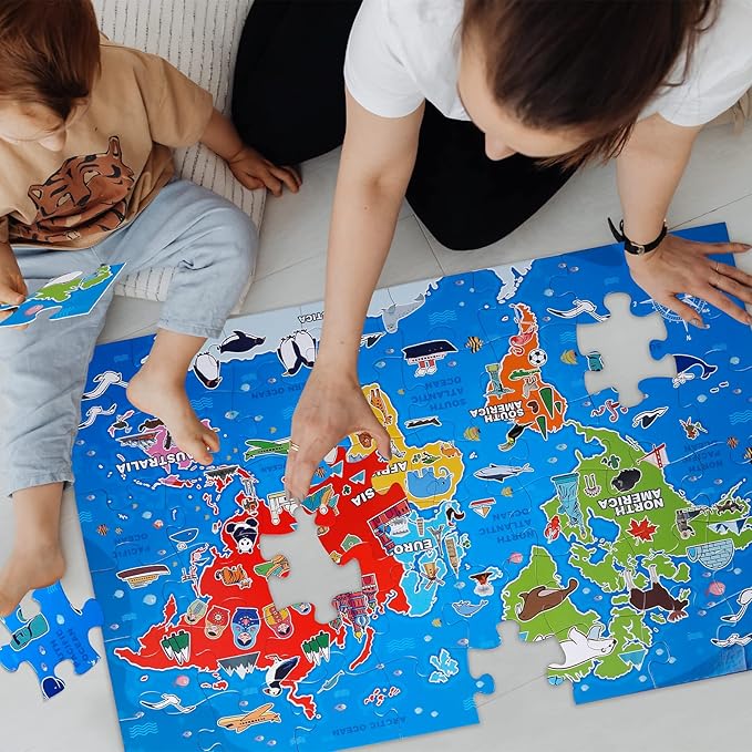 Jumbo Floor Puzzle for Kids,World Map Jigsaw Geography Puzzles,48 Piece Globe Atlas Puzzle with Continents,United States Puzzle for Ages 3-5,Preschool Learning Toys Gift for 4-8 Years Old-CubbioJoy