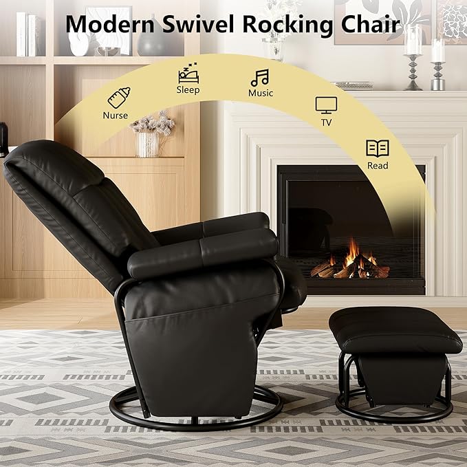 AODAILIHB Swivel Glider Recliner with Ottoman, 360 Rocking Chair with Foot Rest Recliner Chair Indoor Rocking Chair with Side Pockets Nursery Chairs for Living Room, Bedroom, Office (Black)-CubbioJoy
