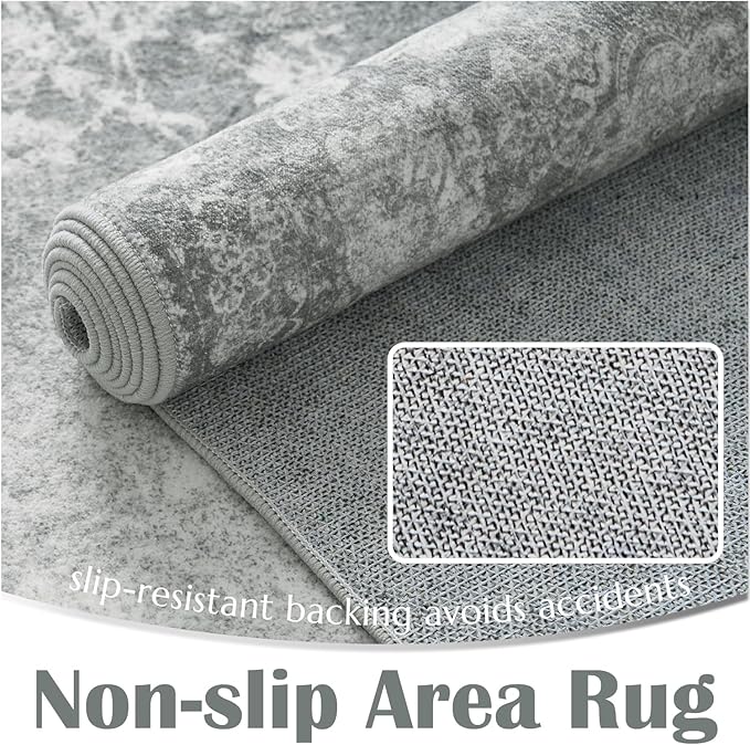 jinchan Washable Area Rug 6x9 for Living Room - Soft Faux Wool Ultra-Thin Stain Resistant Non-Slip Distressed Vintage Floral Rug Large Carpet for Bedroom,Dining Room,Home Office,Nursery(Grey, 6'x9')-CubbioJoy