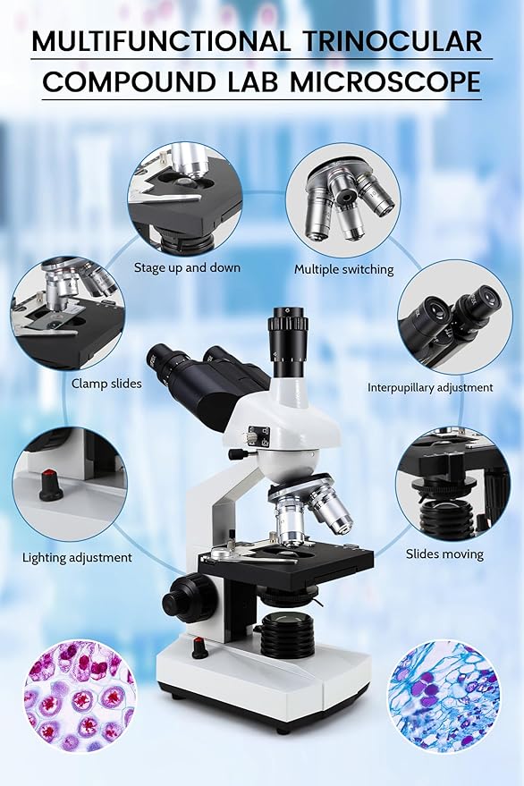 40X-5000X Compound trinocular Microscopes trinocular for Adults, with 5.0 mp Camera with Microscope Slides 30p, Microscope Accessories, Microscopes for School Laboratory Home Education Abbe Condenser-CubbioJoy