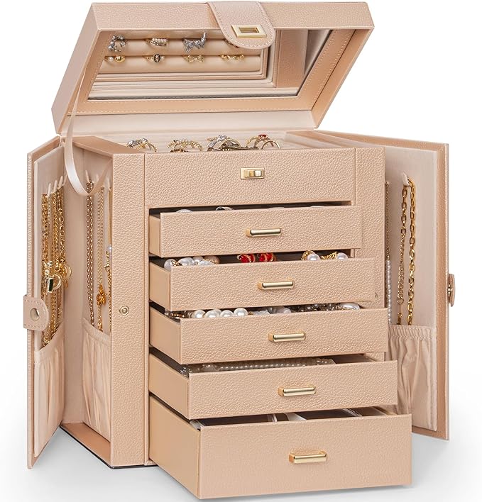 AKOZLIN 6-Tier Jewelry Box Organizer Functional 5 Drawers Leather Jewelry Storage Case for Women Girls Ring Necklace Earring Bracelet Holder Organizer with Mirror Champagne-CubbioJoy