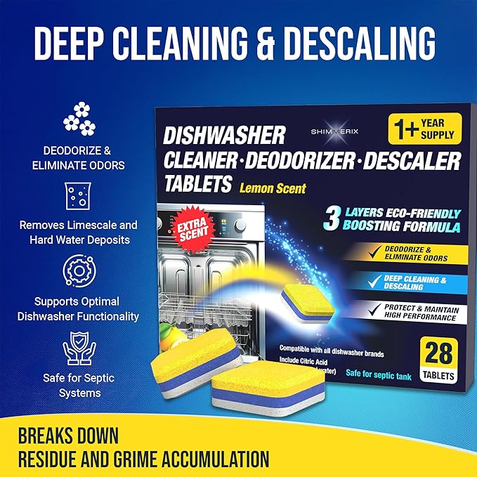 Dishwasher Cleaner Deodorizer Descaler Tablets - 28 Tabs - 1 Plus Year Supply - Extra Scented Deep Cleaning Sanitizer Pods - Remove Hard Water - Contain Citric Acid Heavy Duty Septic Safe - Lemon-CubbioJoy
