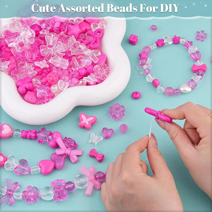 Assorted 170-230PCS Rose Pink Acrylic Beads for Bracelet Making, Flower Bow Butterfly GummyBear Aesthetic Bracelet Charms,Cute Beads for Jewelry Making DIY Necklace Keychain Phone Charm-CubbioJoy