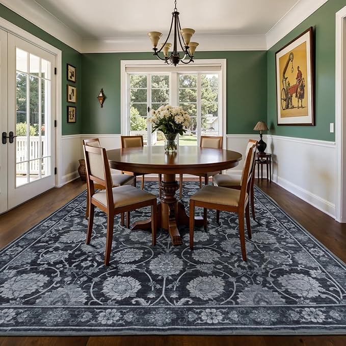 Black 9x12 Area Rug for Living Room, Washable Large Rugs, Vintage Floral Soft Carpet, Non Slip & Low Pile, Wool Carpets for Indoor Bedroom Dining Home Playroom Office Under Table, Black-CubbioJoy