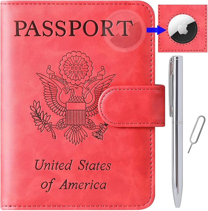Airtag Passport Holder Cover Wallet Travel Essentials Leather Rfid Blocking Case Vacation Luggage Must Haves Travel Accessories for Men Women (117#Red)-CubbioJoy